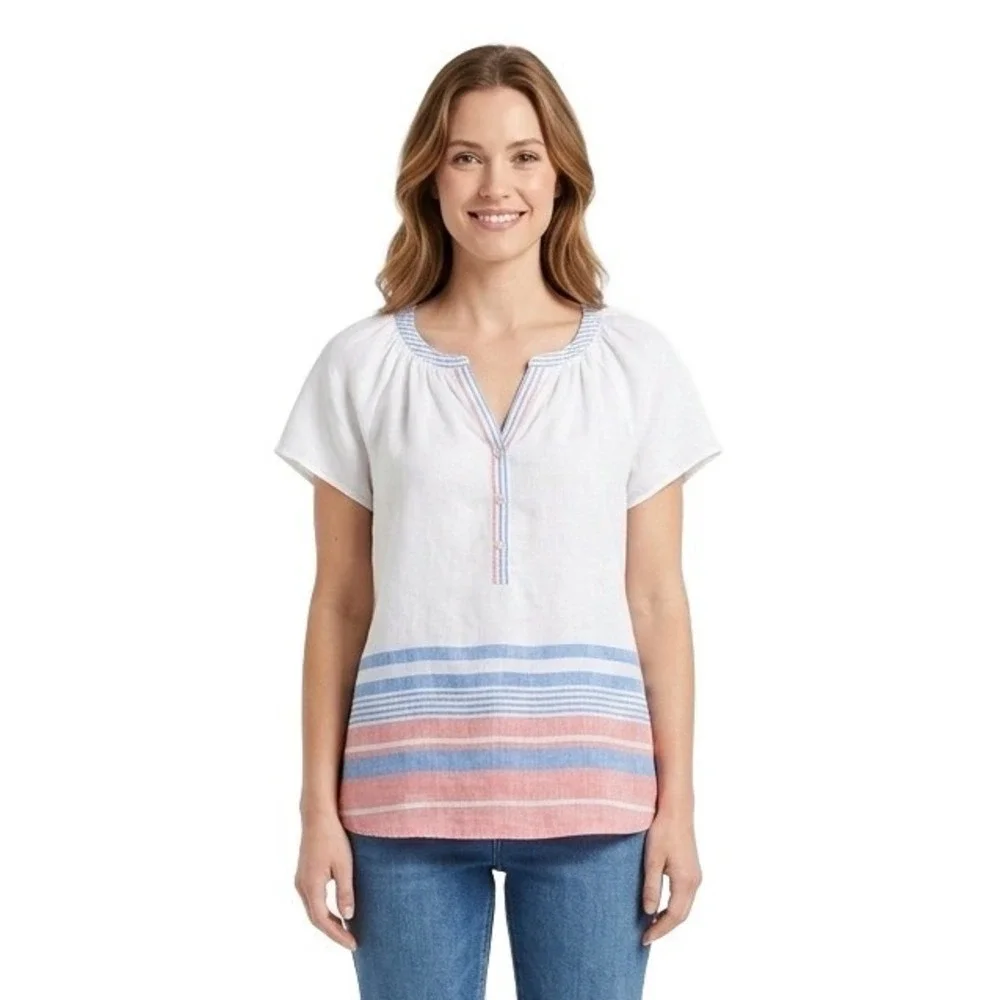 NWT Talbots 100% Linen Blouse Women's Size Large White Blue Coral Striped Henley
